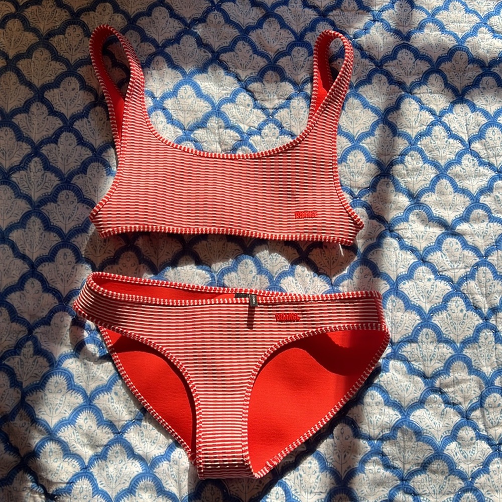 Triangl red/orange and white stripe bikini